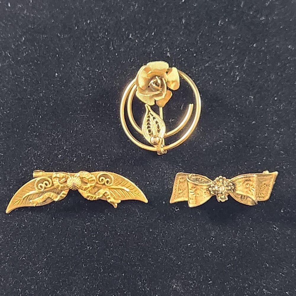 Set 3 Bronze Gold Tone Brooches Sarah Coventry Ribbon Rose VTG Bar Pin Jewelry